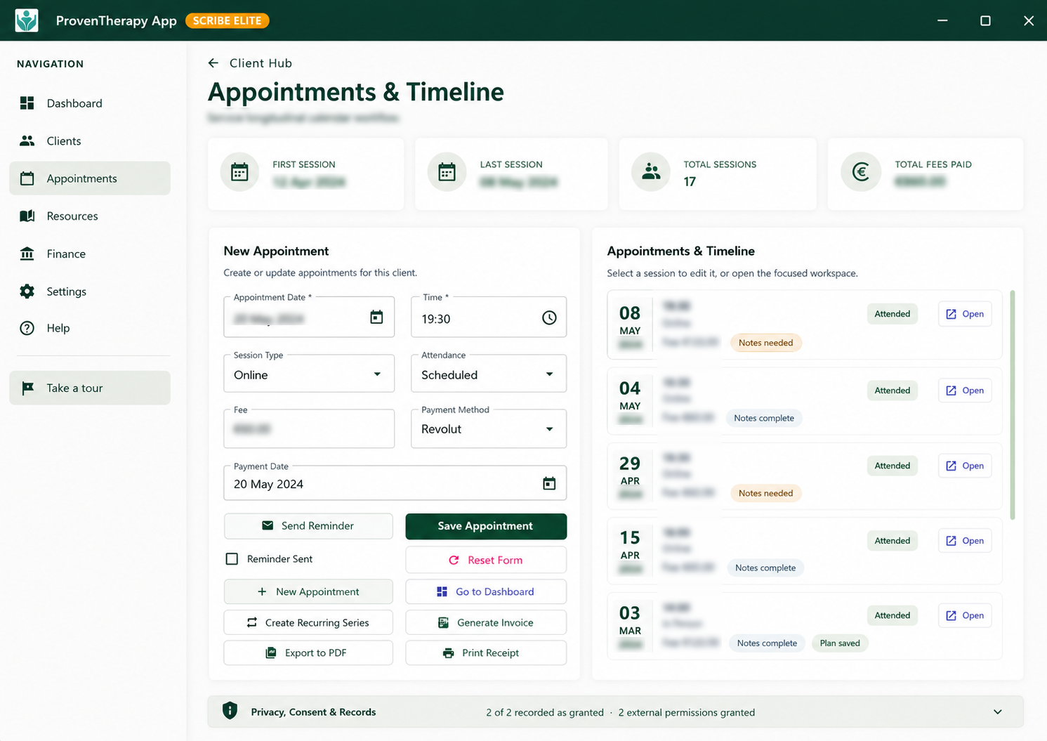 ProvenTherapy Appointments and Timeline screen showing session continuity